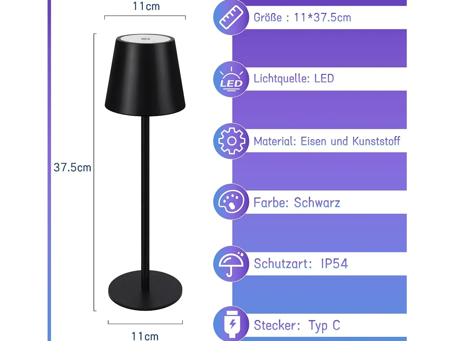 NETTLIFE Lámpara de cabecera con batería inalámbrica - LED RGB 2600 mhA Lámpara de mesa para exteriores Lámpara de batería USB TIPO C negra