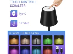 NETTLIFE Lámpara de cabecera con batería inalámbrica - LED RGB 2600 mhA Lámpara de mesa para exteriores Lámpara de batería USB TIPO C negra