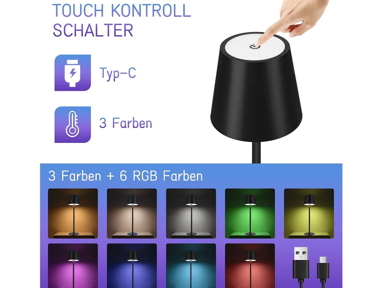 NETTLIFE Lámpara de cabecera con batería inalámbrica - LED RGB 2600 mhA Lámpara de mesa para exteriores Lámpara de batería USB TIPO C negra