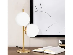 NETTLIFE lámpara de mesa / lámpara de cabecera moderna y industrial dorada, 2 bombillas con interruptor, diseño de metal y vidrio blanco, E27.