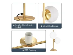 NETTLIFE lámpara de mesa / lámpara de cabecera moderna y industrial dorada, 2 bombillas con interruptor, diseño de metal y vidrio blanco, E27.