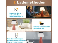 NETTLIFE Lámpara de mesa con batería solar, lámpara de noche LED inalámbrica, 3600 mhA, recargable, táctil, regulable, lámpara roja con batería USB
