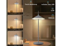 NETTLIFE Lámpara de mesa inalámbrica, lámpara de noche, juego de 2 LED recargables de 1800 mhA, táctiles, regulables, modernas, grises, IP44, USB.