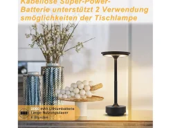 NETTLIFE Lámpara de mesa inalámbrica, lámpara de noche, batería - Lámpara de mesa LED táctil regulable con USB recargable, batería negra