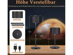 NETTLIFE Lámpara de mesa LED inalámbrica: lámpara de mesa regulable táctil con 3 temperaturas de color, altura ajustable, USB