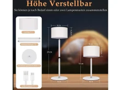 NETTLIFE Lámpara de mesa LED inalámbrica (paquete de 2): lámpara de mesa regulable al tacto con 3 temperaturas de color, altura ajustable, USB