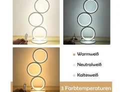 NETTLIFE Lámpara de mesa LED regulable, lámpara de cabecero, diseño moderno táctil, anillo de aluminio blanco metálico, estudio.