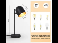 NETTLIFE Lámpara de mesa Lámpara de noche Retro Negro Dorado Metal E14 Sin bombilla
