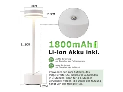 NETTLIFE Lámpara de mesa LED inalámbrica Nettlife, regulable, con batería recargable USB-C, táctil, blanca, para dormitorio