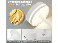 NETTLIFE Lámpara de mesa LED inalámbrica Nettlife, regulable, con batería recargable USB-C, táctil, blanca, para dormitorio