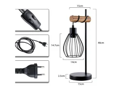 NETTLIFE Lámpara de mesa salón vintage madera: lámpara de noche negra 1 luz diseño industrial metal casquillo e27 sin bombilla
