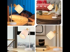 NETTLIFE Lámpara de noche vintage de madera 35,5cm E14 blanca Pantalla de tela con interruptor Ajustable sin bombilla