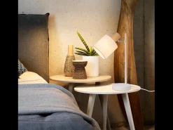 NETTLIFE Lámpara de noche vintage de madera 35,5cm E14 blanca Pantalla de tela con interruptor Ajustable sin bombilla