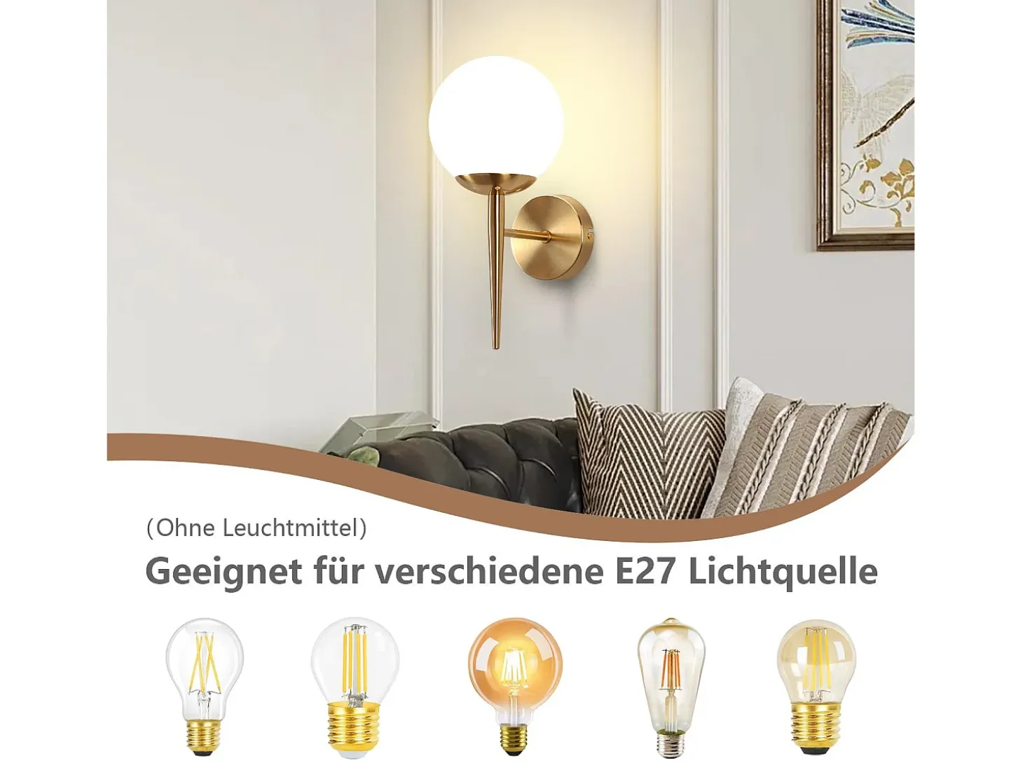 NETTLIFE Lámpara de pared vintage con bola de cristal dorado E27, lámpara de pared para interiores, escalera para dormitorio