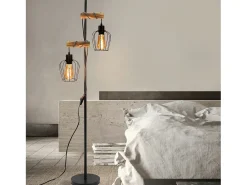 NETTLIFE Lámpara de pie de salón vintage, en madera con 2 llamas en diseño industrial de metal interruptor negro E27 - altura: 151 cm - sin bombilla