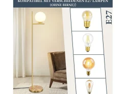 NETTLIFE Lámpara de Pie Industrial Dorada con Interruptor de Pie, Diseño de Metal de Vidrio Blanco, Lámpara de Pie Vintage E27, Cable de 2 Metros