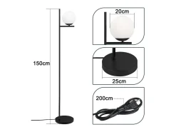 NETTLIFE Lámpara de Pie Industrial - Moderna Negra con Interruptor de Pie Diseño de Metal Lámpara de Pie de Vidrio Blanco E27 Vintage Cable de 2M