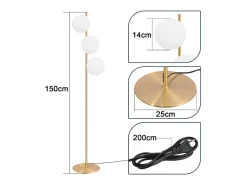 NETTLIFE Lámpara de pie moderna -para sala de estar E27 Lámpara de 3 llamas con diseño dorado de pie industrial de vidrio y metal blanco