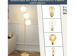 NETTLIFE Lámpara de pie moderna -para sala de estar E27 Lámpara de 3 llamas con diseño dorado de pie industrial de vidrio y metal blanco