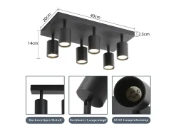 NETTLIFE Lámpara de techo 6 focos GU10 negros orientables 330° pared industrial moderna para salón dormitorio cocina sin bombilla