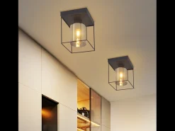 NETTLIFE Lámpara de techo para pasillo, plafón de cristal, 1 bombilla E27, estilo vintage, metal negro, estilo industrial retro.