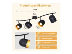 NETTLIFE Lámpara de techo E14, foco industrial de techo negro dorado, orientable y giratorio 350°