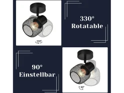 NETTLIFE Lámpara de Techo Foco Lámpara de Pasillo Vintage de Metal Negro Giratoria 330° Interior para Habitación Infantil Sala de Estar Dormitorio 40W