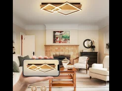 NETTLIFE Lámpara de techo LED de madera regulable, 55 cm, cuadrada, para dormitorio, moderna, geométrica, 36 W, para sala de estar, con control remoto