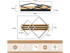 NETTLIFE Lámpara de techo LED de madera regulable, 55 cm, cuadrada, para dormitorio, moderna, geométrica, 36 W, para sala de estar, con control remoto