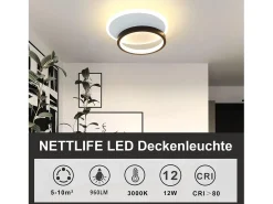 NETTLIFE Lámpara de Techo LED 12W Lámpara de 3000K Lámpara de Dormitorio Blanca Cálida Lámpara de Techo de Diseño Moderno Redonda Negra
