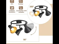 NETTLIFE Lámpara de Techo de 3 Puntos Salón Cocina Negra E14 Vintage Giratoria 330° Metal Industrial para Dormitorio Pasillo