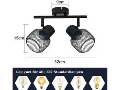 NETTLIFE Lámpara de techo 2 focos E27 Máx. 25W Vintage 2 Bombillas - Foco Interior Giratorio 330° de Metal Negro para Salón Sin Bombilla