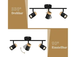NETTLIFE Lámpara de techo con 3 focos de madera GU10 negros, orientable 330° para salón, dormitorio, cocina, habitación infantil sin bombilla