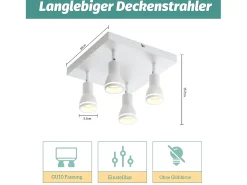 NETTLIFE Lámpara de techo LED 4 focos cuadrados de techo blanco foco de pared ajustable GU10 interior metal