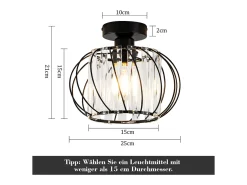 NETTLIFE Lámpara de techo moderna de cristal: Lámpara de pasillo negra E27 Lámpara de cocina vintage con marco de metal en el interior
