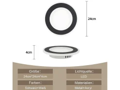 NETTLIFE Lámpara de Techo LED 23W Negro Redondo Moderno Blanco Cálido 24cm Lámpara de Dormitorio para Cocina Pasillo Sala de Estar