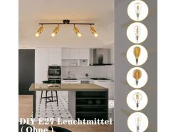 NETTLIFE Lámpara de Techo Vintage de 4 Puntos con E27 Negro y Dorado Estilo Industrial Retro Giratorio para Salón Dormitorio Cocina