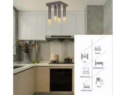 NETTLIFE Lámpara de Techo Vintage E14 Lámpara Industrial Lámpara de Dormitorio Gris con 4 Focos de Metal para Sala de Estar Cocina Pasillo Bar