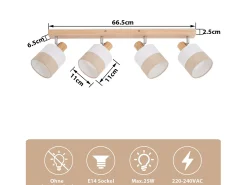 NETTLIFE Lámpara de techo con foco de madera de 4 llamas - Lámpara de techo vintage E14 con pantalla de tela retro, ajustable 350°