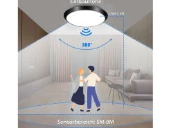 NETTLIFE Lámpara de Techo LED con Sensor de Movimiento Interior Negro IP44 15W Lámpara de Sótano Redonda con Sensor de Movimiento Ø 30cm 4000K