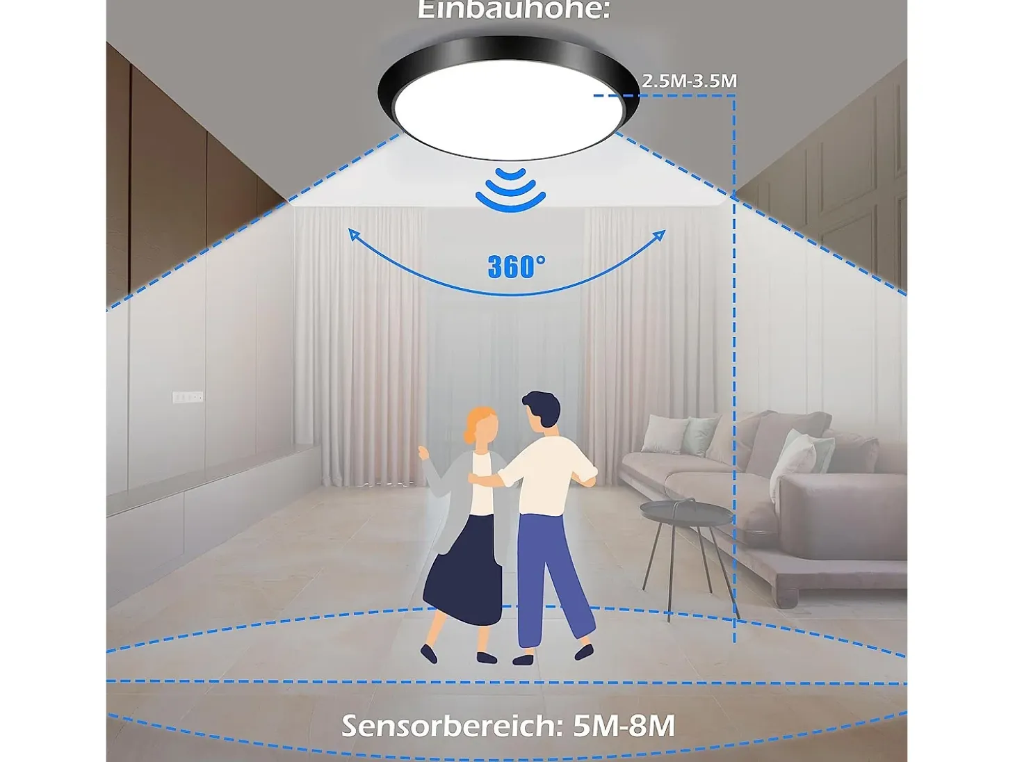 NETTLIFE Lámpara de Techo LED con Sensor de Movimiento Interior Negro IP44 15W Lámpara de Sótano Redonda con Sensor de Movimiento Ø 30cm 4000K