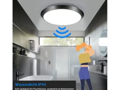 NETTLIFE Lámpara de Techo LED con Sensor de Movimiento Interior Negro IP44 15W Lámpara de Sótano Redonda con Sensor de Movimiento Ø 30cm 4000K