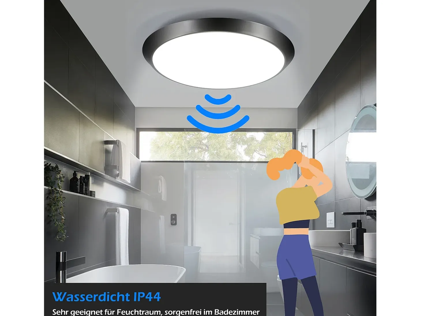 NETTLIFE Lámpara de Techo LED con Sensor de Movimiento Interior Negro IP44 15W Lámpara de Sótano Redonda con Sensor de Movimiento Ø 30cm 4000K