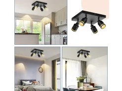 NETTLIFE Lámpara de techo LED con 4 focos, cuadrada, negra, montaje en pared ajustable, GU10, interior, metal, sin bombilla