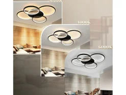 NETTLIFE Lámpara de techo LED para sala de estar regulable de 70 W con control remoto, 5 anillos, acrílico moderno blanco