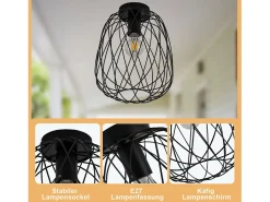 NETTLIFE Lámpara de techo negra vintage industrial retro para pasillo E27, 1 bombilla, redonda, de metal