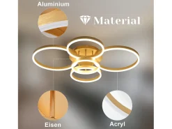 NETTLIFE Lámpara de techo LED dorada con 2 anillos acrílicos, 46 W, regulable, para salón, moderna, 59 cm, con mando a distancia