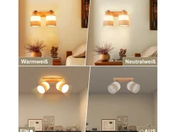 NETTLIFE Lámpara de techo LED 2 focos Lámpara de techo Lámpara de pasillo Madera E14 Vintage Ajustable 350°