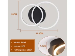 NETTLIFE Luces LED de techo, lámpara de techo de 24W, diseño moderno redondo, blanco cálido 3000K, negro, 2 anillos.