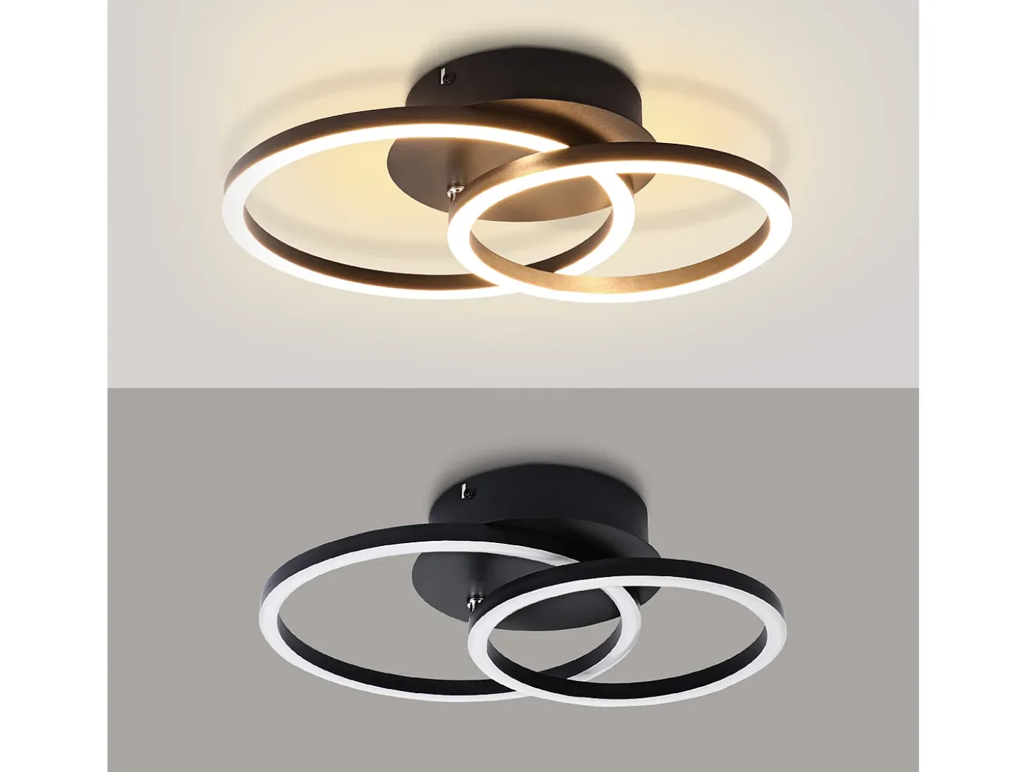 NETTLIFE Luces LED de techo, lámpara de techo de 24W, diseño moderno redondo, blanco cálido 3000K, negro, 2 anillos.